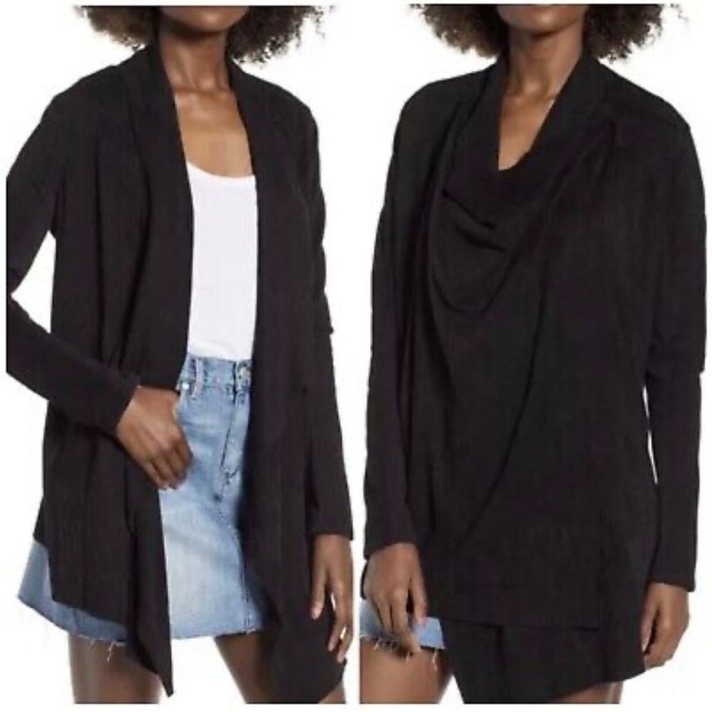 Blank NYC  faux suede drape wrap front jacket black size S